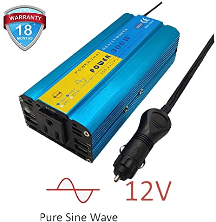 300W Pure Sine Wave Power Inverter DC 12V to AC 110V Car Converter Adapter with 4 USB Ports & AC Outlet for Smartphones Laptops Tablets CPAP