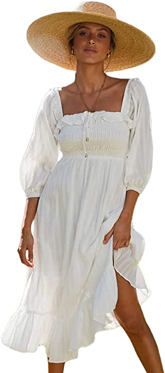ROVLET Women's Midi Dress Off The Shoulder 1/2 Long Sleeve Ruffle Vintage Dresses Boho Sundress Dating Party