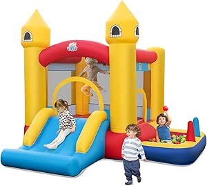 COSTWAY Kids Bouncy Castle, Inflatable Bounce House with Slides, Bouncing Area, Mesh Protection and Carry Bag, Jumping Playing Center for Indoor Outdoor