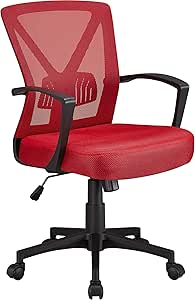 Yaheetech Sedia da Ufficio Scrivania Ergonomica Lombare Girevole a Rotelle Portata 136 kg Reclinabile in Rete Traspirante Altezza Regolabile con Braccioli Rossa