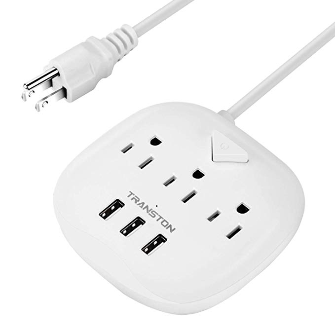 TRANSTON Power Strip 3 Outlets and 3 USB Ports with Switch Control,Desktop Charging Station with 5 ft Extension Cord,Compact for Office and Travel - White