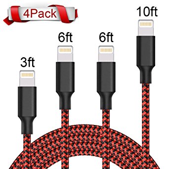 AOFU Lightning Cable,iPhone Cable iPhone Charger 4Pack 3FT 6FT 6FT 10FT Braided Cord to USB Charging for iPhone 7/7 Plus/6/6 Plus/6S/6S Plus,iPad,iPod Nano 7 (BlackRed)