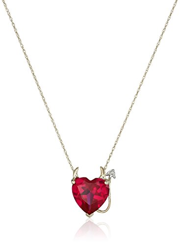 14k Yellow Gold and Created Gemstone Heart Devil Pendant Necklace with Diamond Accent, 18"