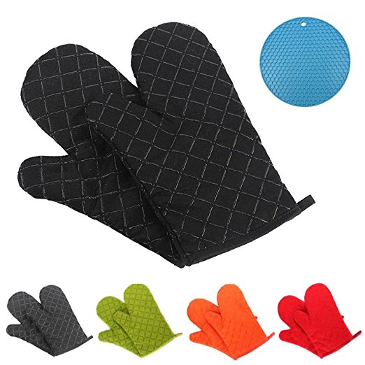 GoFriend Oven Gloves Non-Slip Kitchen Oven Mitts Heat Resistant Cooking Gloves for Kitchen Grilling Cooking, Baking, Barbecue Potholder, 1 Pair, with Silicone Heat Resistant Cup Insulation Coaster