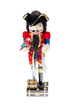 Clever Creations Pirate Captain Nutcracker Tri Fold Hat, Parrot and Sword | Perfect Collection to Any Collection | Festive Christmas Decor | Perfect for Shelves and Tables | 100% Wood | 14" Tall