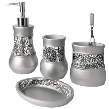 Creative Scents Brushed Nickel Bath Ensemble, 4 Piece Bathroom Accessories Set, Brushed Nickel Collection Bath Set Features Soap Dispenser, Toothbrush Holder, Tumbler, & Soap Dish- Silver Mosaic Glass - Bath Gift Set