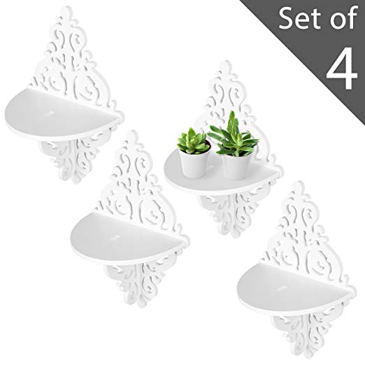 MyGift Wall Mounted Floating Shelves, Display Stand Rack w/Ornate Scrollwork Design, White, Set of 4