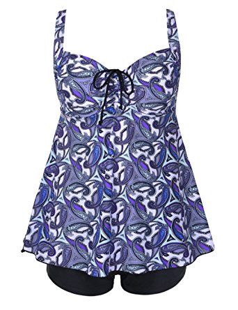 Hilor Women's Plus Size Floral Halter Tankini Set Two Piece Swimsuit