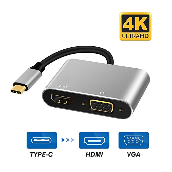 USB Type C to HDMI 4K VGA Adapter, VGA HDMI Video Converters Adaptor for MacBook Pro/Chromebook Pixel/Lenovo 900/ Dell XPS/Samsung Galaxy S8/ S8 Plus, No Driver