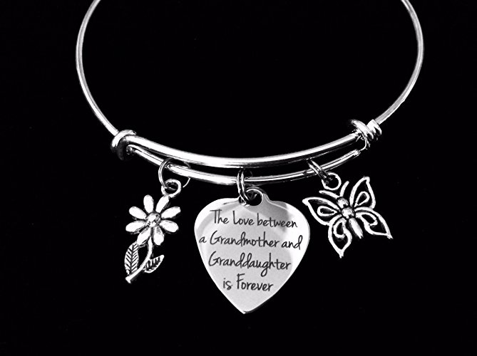 The Love between a Grandmother and Granddaughter is Forever Adjustable Bracelet Expandable Charm Bracelet Bangle Gift Daisy Butterfly Personalization Custom Option Child Size Option