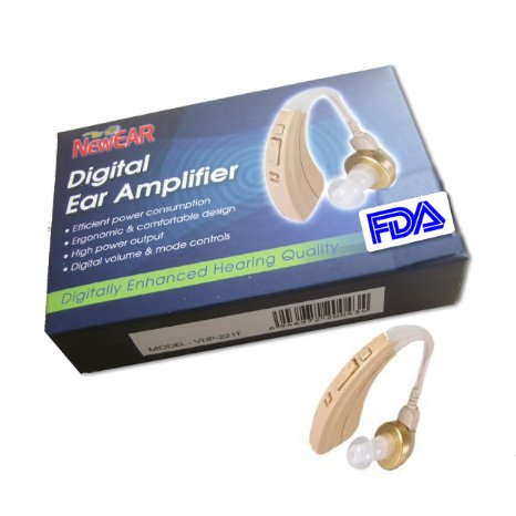 NewEAR Digital Hearing Amplifier, full Digital Circuitry, Low Power Consumption, Noise Reduction, feedback Cancellation, Digital Volume Control By Rocker Button, Smaller Receiver, power On/Off Switch, Left/Right Ear Adjustability, with Memory Function, High/ Low Frequency Channels, FDA Approved