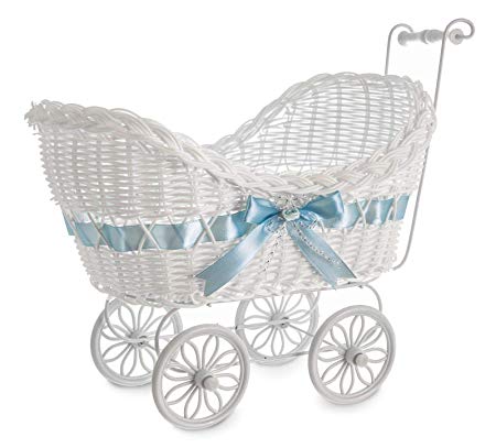 Blue Baby BOY Basket Push PRAM Handle Wheels Hamper Wicker Xmas Gift Ribbon Boys