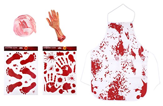 Haunted House Prop Decorations Blood Splatter Hand/Foot Print Halloween Horror Themed Scary Party Props, VALUE PACK of Blood Rubber Arm, Cloth, Apron and Bloody Foot& Hand Print Stickers