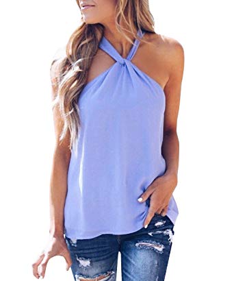 Shele Womens Halter Tank Tops Chiffon Backless Cami Blouse Tunic Shirts