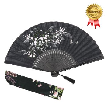 OMyTea® "Grassflowers" 8.27"(21cm) Hand Held Folding Fans - With a Fabric Sleeve for Protection for Gifts - Chinese / Japanese Vintage Retro Style (Black)