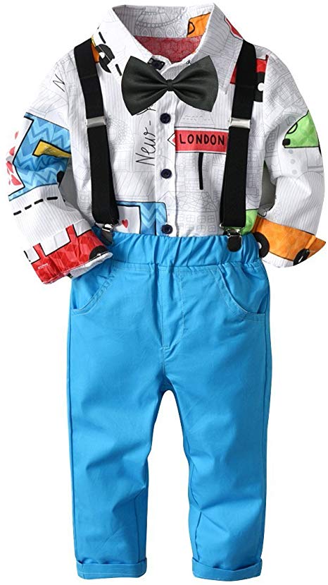 Baby Boys Fashion Gentleman Pants Clothing Set Long Sleeves Shirt Suspender Colorful Pants Bow Tie Toddler 4Pcs Set