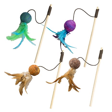 Ethical Pets Wool Ball Teaser Wand Wuggles Cat Toy, Assorted