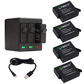 MIBOTE Rechargeable Battery 4 Pack x 1500mAh and Triple Charger for GoPro Hero 7 Black, Hero 6 Black, Hero 5 Black, Hero (2018) (Fully Compatible with Original Camera)