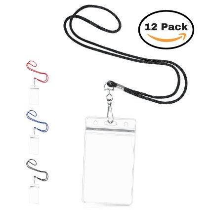 MIFFLIN (12, Satin Black) Vertical Id Badge Holder and Woven Lanyard Set; Clear Plastic Pouch is Sealable, Waterproof; Fits Name Badges, Identification Card, Swipe Card, Passes, Credit Card, Keys