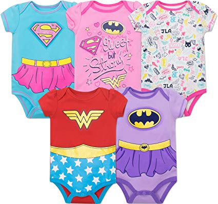 Warner Bros. Baby Girls' 5 Pack Onesies - Wonder Woman, Batgirl and Supergirl