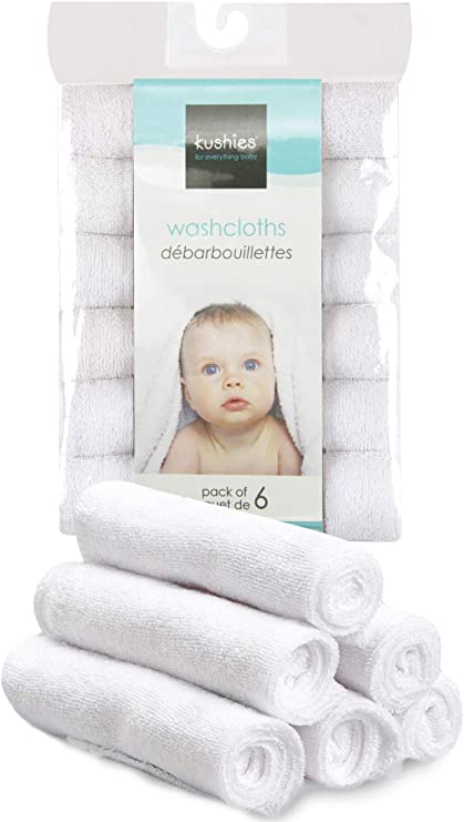 Kushies Soft Cotton Washcloths for Baby, Face Towels, 6 Pack, White, Girls