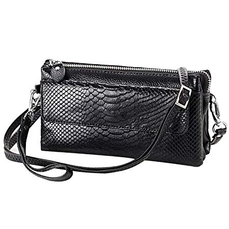 Shalwinn Women's Genuine Leather Crossbody Purse Shoulder bag Cellphone Pouch Purse Wristlet Wallet Clutch with Long Shoulder Strap and Wrist Strap （Black）