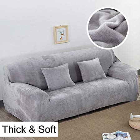 Thick Sofa Covers 1/2/3/4 Seater Pure Color Sofa Protector Velvet Easy Fit Elastic Fabric Stretch Couch Slipcover size 4 Seater:235-300cm (Light Gray)