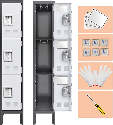 KAER Metal Lockers for Employees,3-Tier Storage Locker,Locker Cabinet for Home Gym Office School Garage with Mirror,Screwdriver,Gloves,Unassembled (Grey White, 3-Tier)