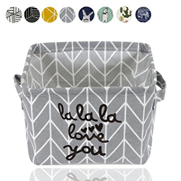 Small Foldable Storage Basket Canvas Fabric Waterproof Organizer Collapsible and Convenient For Nursery Babies Room 100% COTTON with Handle (Grey)