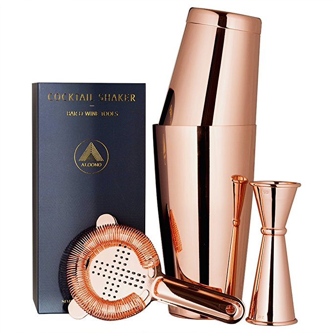 Copper Boston Cocktail Shaker, 4-Piece Set: 18oz & 28oz Weighted Cocktail Shakers, Cocktail Strainer and Double Jigger (0.5oz - 2oz), 18/8 Stainless Steel Cocktail Set with Recipes and Greeting Card
