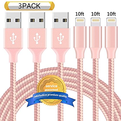 DANTENG Lightning Cable 3Pack 10FT Nylon Braided Certified iPhone Cable USB Cord Charging Charger for iPhone X, 8, 7, 7 Plus, 6, 6s, 6 , 5, 5c, 5s, iPad, iPod Nano, iPod Touch - Pink