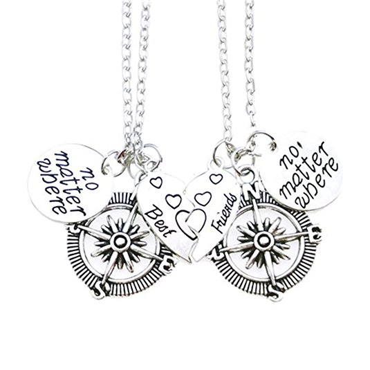 Udobuy2 Pcs Best Friends No Matter Where Compass Necklaces Set Heart Best Friend Gifts for Teen Girls BFF Friendship Necklaces