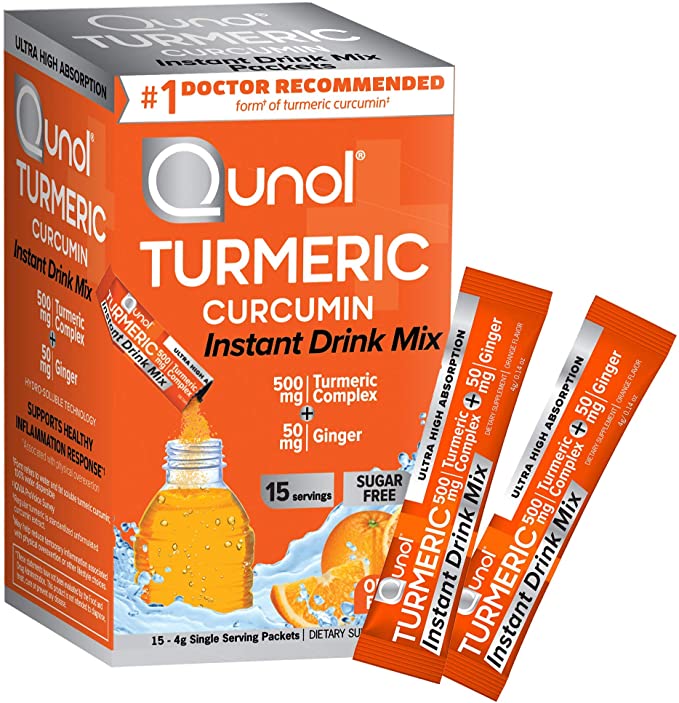 Qunol Turmeric Curcumin Instant Drink Mix, On-The-Go Packets, Orange Flavor, Ultra High Absorption, 500mg Turmeric   50mg Ginger, Anti-Inflammatory & Joint Support, Dietary Supplement, 15 Servings