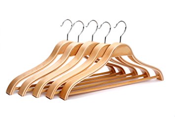 J.S. Hanger Heavy Duty Solid Wide Shoulder Wooden Suit Hangers Natural Finish, 5-Pack
