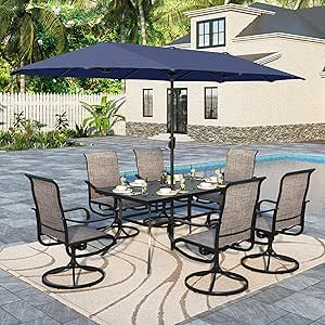 Sophia & William Patio Set with Umbrella 8 Pieces Outdoor Dining Set for 6 with 13ft Large Patio Umbrella Navy, 6 x Swivel Patio Chairs with 59" Dining Table for Lawn Garden