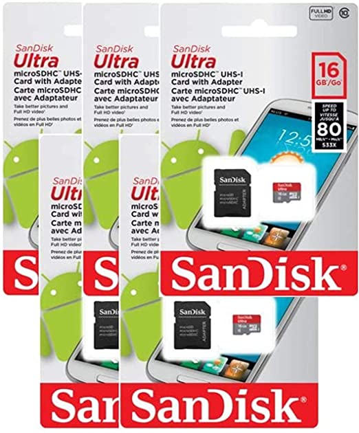 5 PACK - SanDisk Ultra 16GB MicroSDHC Memory Flash Card UHS-I Class 10 Micro SD SDHC Read Speed up to 80MB/s 533X With Adapter SDSQUNC-016G-GN6MA Wholesale Lot   ( 5 Cases )