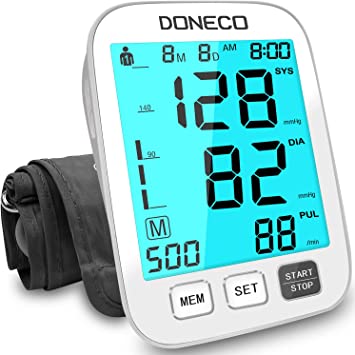 DONECO Blood Pressure Monitor Upper Arm Automatic Digital BP Monitor Adjustable Large Cuff Backlit Display 2x500 Memory Includes Batteries Monitoring Meter for Home Use