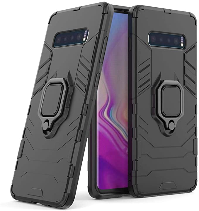 Compatible with Galaxy S10  Case, Metal Ring Grip Kickstand Shockproof Hard Bumper Shell (Works with Magnetic Car Mount) Dual Layer Rugged Cover for Samsung Galaxy S10 Plus (Black)