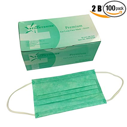 3-Ply Premium Dental Surgical Medical Disposable Earloop Face Masks (FDA APPROVED) (100 PCS / 2 BOXES, GREEN)