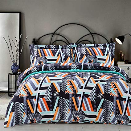 MILDLY Bedding Duvet Cover Sets Queen Size,100% Egyptian Cotton Duvet Cover with Zipper Closure and 2 Pillow Shams,Abstract Style with Colorful Geometric Pattern Printed,Brooklyn