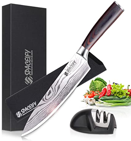 Chef Knife, SPACEIFY 8 Inch Kitchen Knife with Knife Sharpener and Knife Sheath, Stainless Steel German Utility Knife Set with Ergonomic Handle, Kitchen Knives for Professional Cooking…