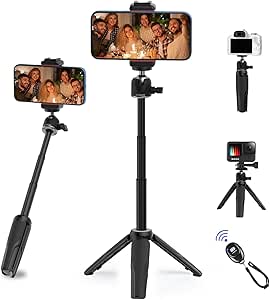 COMAN Extension Pole Tripod,Mini Selfie Stick Tripod Stand with Wireless Remote and Phone Holder,Compatible with iPhone & Android,Mini Vlog Camera Travel Tripod (Black)