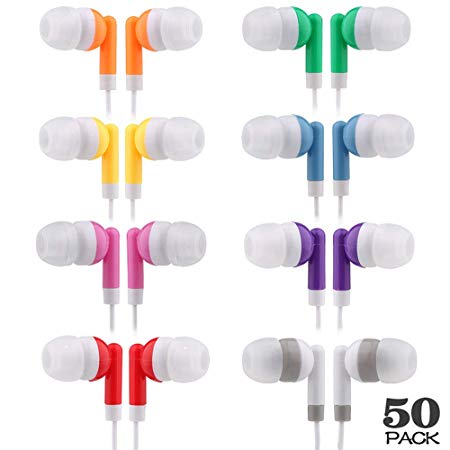 CN-Outlet Kids Bulk Earbud Headphones 50 Pack Multi Colored, Individually Bagged, Wholesale Disposable Earphones Perfect for School Classroom Libraries Students (50Mixed)