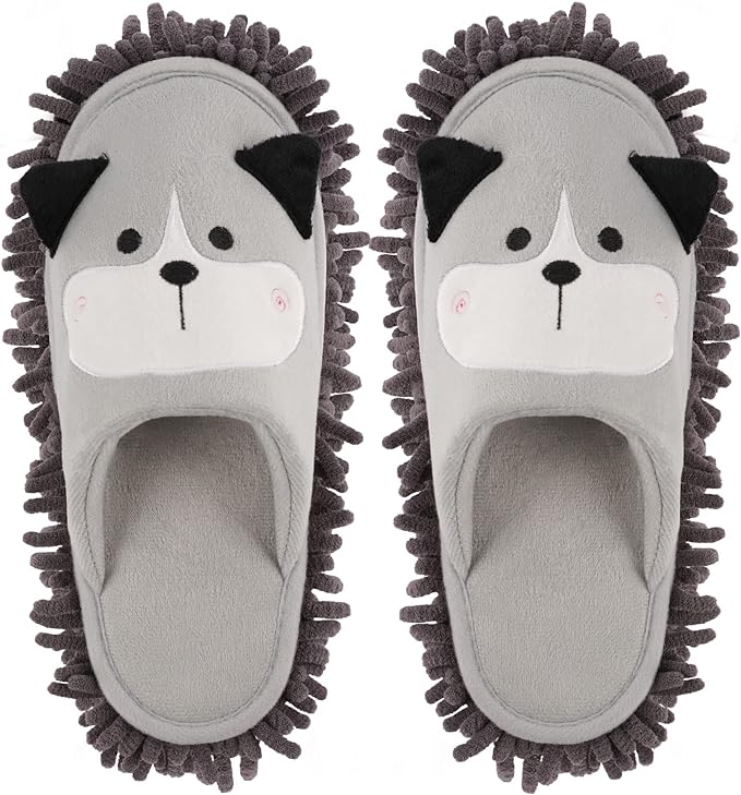 Frjjthchy Cartoon Dog Mop Slippers Microfiber Clean Dusting Slippers Detachable Mopping Shoes for Office Home Room (Gray)