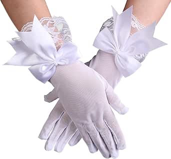 White Short Lace Gloves for Women, Tea Party Gloves Bow Floral Lace Gloves for Bridal Wedding Elegant Formal Tea Party Dinner