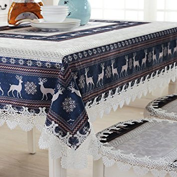 SiYang Holiday Christmas Embroidered Deer and Snow Pattern Decorative Tablecloth Rectangle Tablecloth Dinner Picnic Table Cloth Home Table Top Cover(Blue,31.4 X 31.4In)