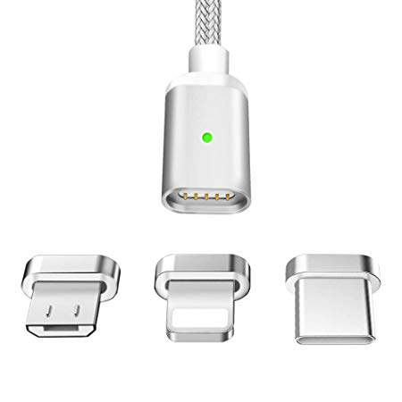 Magnetic Charging Cable, LAMA Magnetic Cable Micro USB Type C to USB 3 in 1 Sync Data Cord with 3 Adapters for Android Phone Pad Samsung Google Huawei 1.5m/4.9ft Silver