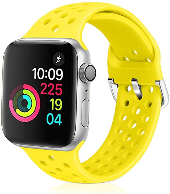 XFYELE Compatible with Apple Watch Band 38mm 40mm 42mm 44mm, Soft Breathable Sport Silicone Replacement Strap Compatible for iWatch Series 5, 4, 3, 2, 1 for Women and Men (Shiny Yellow, 38mm/40mm)