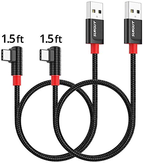 SUNGUY USB C Cable Right Angle 1.5FT 2PACK Fast Charge Braided USB Type C Cord for Samsung Galaxy Note 10 A80 Oneplus 7