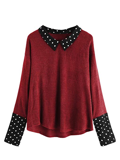 Romwe Women's Loose Contrast Polka Dot Collar Long Sleeve Blouse Knit Tops